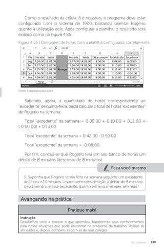 U4 - Conjuntos 169
Como o resultado da célula I5 é negativo, o programa deve estar
configurado com o sistema de 1900, bastando orientar Rogério
quanto à utilização dele. Após configurar a planilha, o resultado será
exibido como na Figura 4.25.
Fonte: Elaborada pelo autor.
Figura 4.25 | Contagem de horas com a planilha configurada corretamente
Sabendo, agora, a quantidade de horas correspondente ao
“excedente”dequinta­‑feira,bastacalcularototaldehoras“excedentes”
de Rogério na semana:
Total “excedente” da semana = 0:08:00 + 0:10:00 + 0:11:00 +
(-0:50:00) + 0:13:00
Total “excedente” da semana = 0:42:00 - 0:50:00
Total “excedente” da semana = -0:08:00
Por fim, conclui-se que Rogério terá em seu banco de horas um
débito de 8 minutos (desconto de 8 minutos).
Faça você mesmo
5. Suponha que Rogério tenha feito na semana seguinte um excedente
de 1 hora e 24 minutos. Levando em consideração o débito de 8 minutos
dessa semana e esse excedente, quanto ele teria a receber, em reais?
Avançando na prática
Pratique mais!
Instrução
Desafiamos você a praticar o que aprendeu, transferindo seus conhecimentos
para novas situações que pode encontrar no ambiente de trabalho. Realize as
atividades e, depois, compare-as com as de seus colegas.
 