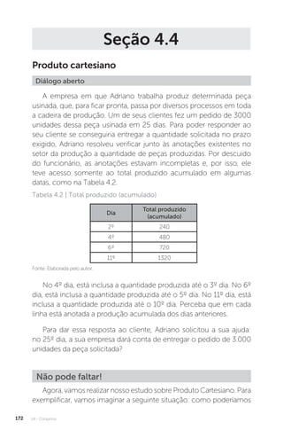 U4 - Conjuntos
172
Seção 4.4
Produto cartesiano
Diálogo aberto
A empresa em que Adriano trabalha produz determinada peça
usinada, que, para ficar pronta, passa por diversos processos em toda
a cadeira de produção. Um de seus clientes fez um pedido de 3000
unidades dessa peça usinada em 25 dias. Para poder responder ao
seu cliente se conseguiria entregar a quantidade solicitada no prazo
exigido, Adriano resolveu verificar junto às anotações existentes no
setor da produção a quantidade de peças produzidas. Por descuido
do funcionário, as anotações estavam incompletas e, por isso, ele
teve acesso somente ao total produzido acumulado em algumas
datas, como na Tabela 4.2.
Fonte: Elaborada pelo autor.
Tabela 4.2 | Total produzido (acumulado)
Dia
Total produzido
(acumulado)
2º 240
4º 480
6º 720
11º 1320
No 4º dia, está inclusa a quantidade produzida até o 3º dia. No 6º
dia, está inclusa a quantidade produzida até o 5º dia. No 11º dia, está
inclusa a quantidade produzida até o 10º dia. Perceba que em cada
linha está anotada a produção acumulada dos dias anteriores.
Para dar essa resposta ao cliente, Adriano solicitou a sua ajuda:
no 25º dia, a sua empresa dará conta de entregar o pedido de 3.000
unidades da peça solicitada?
Agora, vamos realizar nosso estudo sobre Produto Cartesiano. Para
exemplificar, vamos imaginar a seguinte situação: como poderíamos
Não pode faltar!
 