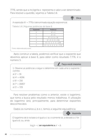 U1 - Conceitos básicos de matemática
42
7776, sendo que a incógnita x representa o valor a ser determinado.
Para resolver a questão, vejamos a Tabela 1.6:
Dica
A expressão 6x
= 7776 é denominada equação exponencial.
Fonte: elaborada pelo autor.
Tabela 1.6 | Algumas potências de base 6
Expoente Potência
0 60
= 1
1 61
= 6
2 62
= 6 . 6 = 36
3 63
= 6 . 6 . 6 = 216
4 64
= 6 . 6 . 6 . 6 = 1296
5 65
= 6 . 6 . 6 . 6 . 6 = 7776
Após construir a tabela, podemos verificar que o expoente que
devemos aplicar à base 6, para obter como resultado 7.776, é o
número 5.
Faça você mesmo
1. Observe as potências a seguir e determine em cada uma o expoente
correto:
a) 2x
= 16
b) 4x
= 4096
c) 6x
= 216
d) 7x
= 16807
e) 3x
= 729
Para resolver problemas como o anterior, existe o logaritmo,
que torna a busca pelo resultado menos trabalhosa. A utilização
do logaritmo será, principalmente, para determinar expoentes
desconhecidos.
Dados os números a, b e c, temos a seguinte equivalência:
Assimile
O logaritmo de b na base a é igual a c se, e somente se, a elevado a c for
igual a b, ou, ainda
loga
b = c ser equivalente a ac
= b.
 