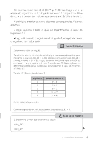 U1 - Conceitos básicos de matemática 43
De acordo com Lezzi et al. (1977, p. 51-B), em loga
b = c, a é
a base do logaritmo, b é o logaritmando e c é o logaritmo. Além
disso, e devem ser maiores que zero e a ≠ 1 (a diferente de 1).
A definição anterior ocasiona algumas consequências. Vejamos
algumas:
• loga
a: quando a base é igual ao logaritmando, o valor do
logaritmo é 1.
• loga
1 = 0: quando o logaritmando é igual a 1, obrigatoriamente,
o logaritmo tem valor zero.
Exemplificando
Determine o valor de log3
81.
Para iniciar, vamos representar o valor que queremos determinar pela
incógnita x, ou seja, log3
81 = x. De acordo com a definição, log3
81 =
x é equivalente a 3x
= 81. Logo, devemos encontrar qual o valor do
expoente x que, aplicado à base 3, resulta em 81. Basta aplicarmos
diferentes valores para a incógnita x até atingirmos o valor 81. Vejamos
a Tabela 1.7:
Tabela 1.7 | Potências de base 3
Fonte: elaborada pelo autor.
Como o expoente é 4, então podemos dizer que log3
81 = 4.
Expoente Potência de base 3
0 30
= 1
1 31
= 3
2 32
= 9
3 33
= 27
4 34
= 81
Faça você mesmo
2. Determine o valor dos logaritmos a seguir:
a) log3
243
b) log5
125
 