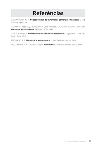 U1 - Conceitos básicos de matemática 51
Referências
CASTANHEIRA, N. P. Noções básicas de matemática comercial e financeira. 3. ed.
Curitiba: Ibpex, 2011.
GIOVANNI, José Ruy; BONJORNO, José Roberto; GIOVANNI JUNIOR, José Ruy.
Matemática fundamental. São Paulo: FTD, 1994.
IEZZI, Gelson et al. Fundamentos de matemática elementar: Logaritmos. 3. ed. São
Paulo: Atual, 1977.
MACHADO, A. S. Matemática, temas e metas. 2. ed. São Paulo: Atual, 1988.
ZÖLD, Harold H. N.; CORREA, Sérgio. Matemática. São Paulo: Nova Cultura, 1996.
 