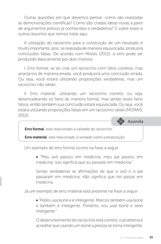 U2 - Introdução à lógica 55
Outras questões em que devemos pensar: como são realizadas
as demonstrações científicas? Como são criadas ideias novas a partir
de argumentos prévios já conhecidos e verdadeiros? É sobre esses e
outros assuntos que iremos tratar aqui.
A utilização do raciocínio para a construção de um resultado é
muito importante, pois, se realizada de maneira equivocada, produzirá
conclusões falsas. De acordo com Morais (2012), o erro pode ser
produzido basicamente por dois motivos:
I. Erro formal: se ao criar um raciocínio com fatos corretos, mas
arranjá-los de maneira errada, você produzirá uma conclusão errada.
Ou seja, você estará utilizando proposições verdadeiras, mas um
raciocínio não válido.
II. Erro material: utilizando um raciocínio correto, ou seja,
desencadeando os fatos de maneira formal, mas sendo esses fatos
falsos, então também sua conclusão estará equivocada. Ou seja, você
estará utilizando proposições falsas em um raciocínio válido (MORAIS,
2012).
Assimile
Erro formal: está relacionado à validade do raciocínio.
Erro material: está relacionado à verdade sobre a proposição.
Um exemplo de erro formal ocorre na frase a seguir:
• “Meu avô passou em medicina, meu pai passou em
medicina; isso significa que eu passarei em medicina.”
Sendo verdadeiras as afirmações de que o avô e o pai
passaram em medicina, não significa que irei passar em
medicina.
Já um exemplo de erro material está presente na frase a seguir:
• “Pedro usa boné e é inteligente. Marcos também usa boné
e também é inteligente. Portanto, vou usar boné e serei
inteligente.”
O desenvolvimento do raciocínio está correto; o problema é
acreditar que usando um boné a pessoa se torna inteligente.
 
