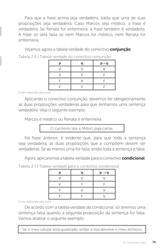 U2 - Introdução à lógica 75
Para que a frase acima seja verdadeira, basta que uma de suas
proposições seja verdadeira. Caso Marcos seja médico, a frase é
verdadeira. Se Renata for enfermeira, a frase também é verdadeira.
A frase só será falsa se nem Marcos for médico, nem Renata for
enfermeira.
Vejamos agora a tabela-verdade do conectivo conjunção:
Aplicando o conectivo conjunção, devemos ter obrigatoriamente
as duas proposições verdadeiras para que tenhamos uma sentença
verdadeira. Veja o seguinte exemplo:
Marcos é médico ou Renata é enfermeira.
Tabela 2.6 | Tabela-verdade do conectivo conjunção
p q p q
V V V
V F F
F V F
F F F
Na frase anterior, é evidente que, para que toda a sentença
seja verdadeira, as duas proposições que a compõem devem ser
verdadeiras. Se ao menos uma for falsa, então toda a sentença é falsa.
Agora,aplicaremosatabela-verdadeparaoconectivocondicional.
De acordo com a tabela-verdade da condicional, só teremos uma
sentença falsa quando a segunda proposição da sentença for falsa.
Vamos analisar o seguinte exemplo:
Tabela 2.7 | Tabela-verdade para o conectivo condicional
O cachorro late e Milton joga cartas.
p q p → q
V V V
V F F
F V V
F F V
Se o meu celular está quebrado, então a loja devolve o meu dinheiro.
Fonte: elaborado pelo autor.
Fonte: elaborado pelo autor.
 