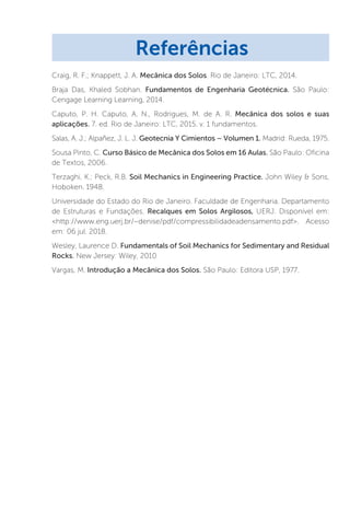 Craig, R. F.; Knappett, J. A. Mecânica dos Solos. Rio de Janeiro: LTC, 2014.
Braja Das, Khaled Sobhan. Fundamentos de Engenharia Geotécnica. São Paulo:
Cengage Learning Learning, 2014.
Caputo, P. H. Caputo, A. N., Rodrigues, M. de A. R. Mecânica dos solos e suas
aplicações. 7. ed. Rio de Janeiro: LTC, 2015. v. 1 fundamentos.
Salas, A. J.; Alpañez, J. L. J. Geotecnia Y Cimientos – Volumen 1. Madrid: Rueda, 1975.
Sousa Pinto, C. Curso Básico de Mecânica dos Solos em 16 Aulas. São Paulo: Oficina
de Textos, 2006.
Terzaghi, K.; Peck, R.B. Soil Mechanics in Engineering Practice. John Wiley  Sons,
Hoboken. 1948.
Universidade do Estado do Rio de Janeiro. Faculdade de Engenharia. Departamento
de Estruturas e Fundações. Recalques em Solos Argilosos, UERJ. Disponível em:
http://www.eng.uerj.br/~denise/pdf/compressibilidadeadensamento.pdf. Acesso
em: 06 jul. 2018.
Wesley, Laurence D. Fundamentals of Soil Mechanics for Sedimentary and Residual
Rocks. New Jersey: Wiley, 2010
Vargas, M. Introdução a Mecânica dos Solos. São Paulo: Editora USP, 1977.
Referências
 