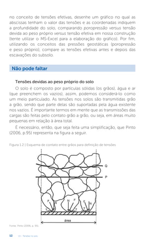 U1 - Tensões no solo
12
no conceito de tensões efetivas, desenhe um gráfico no qual as
abscissas tenham o valor das tensões e as coordenadas indiquem
a profundidade do solo, comparando poropressão versus tensão
devida ao peso próprio versus tensão efetiva em nossa construção
(tente utilizar o MS-Excel para a elaboração do gráfico). Por fim,
utilizando os conceitos das pressões geostáticas (poropressão
e peso próprio), compare as tensões efetivas antes e depois das
escavações do subsolo.
Tensões devidas ao peso próprio do solo
O solo é composto por partículas sólidas (os grãos), água e ar
(que preenchem os vazios), assim, podemos considerá-lo como
um meio particulado. As tensões nos solos são transmitidas grão
a grão, sendo que parte delas são suportadas pela água existente
nos vazios. É importante termos em mente que as transmissões das
cargas são feitas pelo contato grão a grão, ou seja, em áreas muito
pequenas em relação à área total.
É necessário, então, que seja feita uma simplificação, que Pinto
(2006, p.95) representa na figura a seguir.
Não pode faltar
Figura 1.2 | Esquema de contato entre grãos para definição de tensões
Fonte: Pinto (2006, p. 95).
 