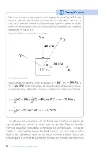 U3 - Estado de tensões e critérios de ruptura
32
Vamos considerar a seguinte situação apresentada na Figura 3.5, que
mostra o estado de tensões atuantes em um elemento de solo, e
calcular as tensões normal e cisalhante que agem no plano inclinado
(30º com a horizontal), considerando os sentidos das tensões no plano
destacado na Figura 3.5.
Observando o problema temos os dados: a = °
60 ; sy kPa
= 40 ; e
sx kPa
= 20 . Podemos utilizar as equações (7) e (8) para determinar,
respectivamente, as tensões normal e cisalhante no plano de interesse:
s s
= +
( )+ −
( ) ° ⇒ =
1
2
40 20
1
2
20 40 120 35
cos kPa e
t t
= −
( ) ° ⇒ =
1
2
40 20 120 8 7
sen kPa
, .
Exemplificando
Figura 3.5 | Estado de tensões num plano
Fonte: elaborado pelo autor.
Se desejarmos desenhar os sentidos das tensões no plano de
ruptura devemos definir os sinais para as tensões. Para as tensões
normais devemos considerar as tensões de compressão (+) e as de
tração (-), seja qual for a orientação dos eixos. No caso das tensões
cisalhantes devemos recorrer ao vetor normal à superfície, com
direção para o interior do elemento de solo. Se ocorrer coincidência
 