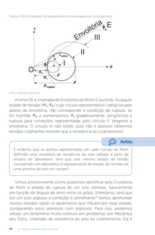 U3 - Estado de tensões e critérios de ruptura
46
Figura 3.18 | Envoltória de resistência intrínseca para um solo arenoso
Fonte: elaborado pelo autor.
A linha OE é chamada de Envoltória de Mohr-Coulomb. Qualquer
estado de tensão (s s
1 3
, ) cujo círculo representativo I esteja situado
abaixo da envoltória, não corresponde à condição de ruptura. Se
for mantida s3 e aumentarmos s1 gradativamente, atingiremos a
ruptura para condições representadas pelo círculo II, tangente a
envoltória. O círculo III não existe, pois não é possível obtermos
tensões cisalhantes maiores que a resistência ao cisalhamento.
Reflita
É evidente que os pontos representados em cada Círculo de Mohr
definirão uma envoltória de resistência do solo obtidos a partir de
ensaios de laboratório. Será que este mesmo estado de tensão
considerado em laboratório é representativo do estado de tensões de
uma amostra de solo em campo?
Vimos anteriormente como podemos identificar pela Envoltória
de Mohr o estado de ruptura de um solo arenoso, basicamente
em função do ângulo de atrito entre os grãos. Entretanto, será que
em um solo argiloso a condição é semelhante? Vamos aprofundar
nossos estudos sobre os parâmetros que influenciam esse estado,
comparando solos arenosos com argilosos. Para isso, podemos
utilizar um fenômeno muito comum em problemas em Mecânica
dos Solos, chamado de resistência do solo ao cisalhamento. Ela é
 