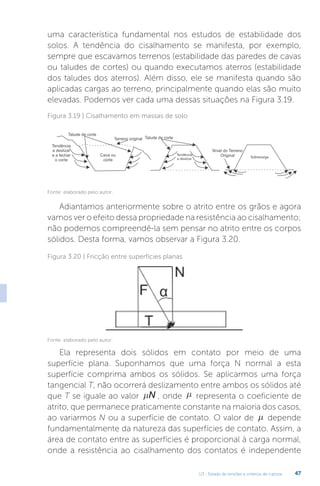 U3 - Estado de tensões e critérios de ruptura 47
uma característica fundamental nos estudos de estabilidade dos
solos. A tendência do cisalhamento se manifesta, por exemplo,
sempre que escavamos terrenos (estabilidade das paredes de cavas
ou taludes de cortes) ou quando executamos aterros (estabilidade
dos taludes dos aterros). Além disso, ele se manifesta quando são
aplicadas cargas ao terreno, principalmente quando elas são muito
elevadas. Podemos ver cada uma dessas situações na Figura 3.19.
Figura 3.19 | Cisalhamento em massas de solo
Fonte: elaborado pelo autor.
Adiantamos anteriormente sobre o atrito entre os grãos e agora
vamos ver o efeito dessa propriedade na resistência ao cisalhamento;
não podemos compreendê-la sem pensar no atrito entre os corpos
sólidos. Desta forma, vamos observar a Figura 3.20.
Figura 3.20 | Fricção entre superfícies planas
Fonte: elaborado pelo autor.
Ela representa dois sólidos em contato por meio de uma
superfície plana. Suponhamos que uma força N normal a esta
superfície comprima ambos os sólidos. Se aplicarmos uma força
tangencial T, não ocorrerá deslizamento entre ambos os sólidos até
que T se iguale ao valor N
m , onde m representa o coeficiente de
atrito, que permanece praticamente constante na maioria dos casos,
ao variarmos N ou a superfície de contato. O valor de m depende
fundamentalmente da natureza das superfícies de contato. Assim, a
área de contato entre as superfícies é proporcional à carga normal,
onde a resistência ao cisalhamento dos contatos é independente
 
