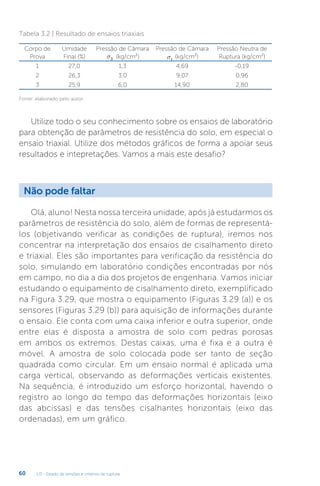 U3 - Estado de tensões e critérios de ruptura
60
Tabela 3.2 | Resultado de ensaios triaxiais
Corpo de
Prova
Umidade
Final (%)
Pressão de Câmara
s3 (kg/cm²)
Pressão de Câmara
s1
(kg/cm²)
Pressão Neutra de
Ruptura (kg/cm²)
1 27,0 1,3 4,69 -0,19
2 26,3 3,0 9,07 0,96
3 25,9 6,0 14,90 2,80
Fonte: elaborado pelo autor.
Utilize todo o seu conhecimento sobre os ensaios de laboratório
para obtenção de parâmetros de resistência do solo, em especial o
ensaio triaxial. Utilize dos métodos gráficos de forma a apoiar seus
resultados e intepretações. Vamos a mais este desafio?
Não pode faltar
Olá, aluno! Nesta nossa terceira unidade, após já estudarmos os
parâmetros de resistência do solo, além de formas de representá-
los (objetivando verificar as condições de ruptura), iremos nos
concentrar na interpretação dos ensaios de cisalhamento direto
e triaxial. Eles são importantes para verificação da resistência do
solo, simulando em laboratório condições encontradas por nós
em campo, no dia a dia dos projetos de engenharia. Vamos iniciar
estudando o equipamento de cisalhamento direto, exemplificado
na Figura 3.29, que mostra o equipamento (Figuras 3.29 (a)) e os
sensores (Figuras 3.29 (b)) para aquisição de informações durante
o ensaio. Ele conta com uma caixa inferior e outra superior, onde
entre elas é disposta a amostra de solo com pedras porosas
em ambos os extremos. Destas caixas, uma é fixa e a outra é
móvel. A amostra de solo colocada pode ser tanto de seção
quadrada como circular. Em um ensaio normal é aplicada uma
carga vertical, observando as deformações verticais existentes.
Na sequência, é introduzido um esforço horizontal, havendo o
registro ao longo do tempo das deformações horizontais (eixo
das abcissas) e das tensões cisalhantes horizontais (eixo das
ordenadas), em um gráfico.
 