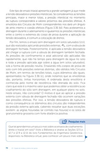 U3 - Estado de tensões e critérios de ruptura
72
Este tipo de ensaio triaxial apresenta a grande vantagem já que mede
a tensão desviadora e pressões intersticiais. Se considerarmos as tensões
principais, maior e menor totais, a pressão intersticial no momento
da ruptura corresponderá a valores próximos das pressões efetivas. A
envoltória dos Círculos de Mohr correspondentes nos dará um ângulo
de atrito interno e coesão efetivos (Figura 3.36 (b)). Para acelerarmos a
drenagem durante o adensamento e igualarmos às pressões intersticiais
entre o centro e extremos do corpo de prova durante a aplicação da
tensão desviadora, é comum a colocação de drenos.
Por fim, temos o ensaio sem drenagem em solos saturados (UU),
que são realizados aplicando pressões externas, σ3 , com a válvula de
drenagem fechada. Posteriormente, é aplicada a tensão desviadora
até chegar a ruptura com a válvula de drenagem também fechada.
As pressões de confinamento e axial adicional são aplicadas tão
rapidamente, que não há tempo para drenagem da água no solo
e toda a pressão aplicada age sobre a água (em solos saturados),
sob a forma de pressão neutra. Ensaiando três corpos de prova de
solo com três pressões externas distintas, são obtidos três Círculos
de Mohr, em termos de tensões totais, cujos diâmetros são iguais,
apresentados na Figura 3.36 (c), onde notamos que as envoltórias
são, portanto, linhas horizontais. A ordenada desta envoltória é
conhecida pelo nome de resistência não drenada do solo. Fica
claro que este é o máximo valor que podemos obter a resistência ao
cisalhamento do solo sem drenagem, em qualquer plano no solo,
neste ensaio, não concorda? O motivo é que ao aplicar a pressão
externa com válvula de drenagem fechada não ocorrem variações
das pressões efetivas. Por isso, a tensão desviadora de ruptura e
como consequência os diâmetros dos círculos são independentes
da pressão externa aplicada, cabendo ressaltar que duas exceções
existem: as argilas fissuradas (ar contido nas fissuras) e os solos de
granulometria grosseira com forte dilatância positiva.
Que tal aprendermos um pouco mais sobre os ensaios de cisalhamento
direto e triaxial em solo? Visite a Biblioteca e analise as Seções 12.5 a
12.7 e 12.9 a 12.11 do livro Fundamentos da Engenharia Geotécnica,
disponíveis na Biblioteca virtual, para conhecer um pouco mais sobre
Pesquise mais
 