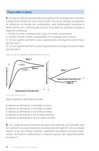 U3 - Estado de tensões e critérios de ruptura
76
1. Na Figura 3.38 são apresentados dois gráficos de resultados de ensaios de
cisalhamento direto em uma mesma areia. As curvas indicam as variações
da diferença da tensão de cisalhamento pela deformação horizontal e
desta última com a deformação vertical. Com base no contexto, analise as
seguintes sentenças:
I- O solo 2 é mais compacto que o solo 1 e tende a se expandir.
II- O solo 2 tende a sofrer compressão se comparado com o solo 1.
III- Em um gráfico de Mohr o solo 1 apresentaria um ângulo de atrito maior
que do solo 2.
IV- Em um gráfico de Mohr o solo 2 apresentaria um ângulo de atrito maior
que do solo 1.
2. Um corpo de prova cilíndrico de areia seca está sob uma pressão axial
de 5 kgf/cm² e uma pressão lateral (confinante) de 3 kgf/cm², em um ensaio
triaxial. O par de tensões (normal; cisalhante) nos planos principal maior,
menor, de máximo cisalhamento e máxima ruptura, são respectivamente,
em kg/cm²:
Agora, assinale a alternativa correta:
a) Apenas as afirmativas I e III estão corretas.
b) Apenas as afirmativas I e IV estão corretas.
c) Apenas as afirmativas II e III estão corretas.
d) Apenas as afirmativas I, II e IV estão corretas.
e) Apenas as afirmativas II, III e IV estão corretas.
Faça valer a pena
Figura 3.38 | Ensaio de cisalhamento em areia
Fonte: elaborado pelo autor.
 