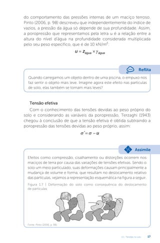 U1 - Tensões no solo 17
do comportamento das pressões internas de um maciço terroso.
Pinto (2006, p. 98) descreveu que independentemente do índice de
vazios, a pressão da água só depende de sua profundidade. Assim,
a poropressão que representamos pela letra u é a relação entre a
altura do nível d’água na profundidade considerada multiplicada
pelo seu peso específico, que é de 10 kN/m²:
u zágua água
 
Tensão efetiva
Com o conhecimento das tensões devidas ao peso próprio do
solo e considerando as variáveis da poropressão, Terzaghi (1943)
chegou à conclusão de que a tensão efetiva é obtida subtraindo a
poropressão das tensões devidas ao peso próprio, assim:
 
´  u
Reflita
Quando carregamos um objeto dentro de uma piscina, o empuxo nos
faz sentir o objeto mais leve. Imagine agora este efeito nas partículas
de solo, elas também se tornam mais leves?
Efeitos como compressão, cisalhamento ou distorções ocorrem nos
maciços de terra por causa das variações de tensões efetivas. Sendo o
solo um meio particulado, suas deformações causam principalmente a
mudança de volume e forma, que resultam no deslocamento relativo
das partículas, vejamos a representação esquemática na figura a seguir.
Assimile
Figura 1.7 | Deformação do solo como consequência do deslocamento
de partículas
Fonte: Pinto (2006, p. 98).
 