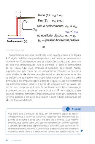 U4 - Obras de terra
55
(b)
Fonte: elaborada pelo autor.
Suponhamos que seja construída uma parede como a da Figura
4.13, rígida de tal forma que não possa experimentar sequer o menor
movimento. Considerando que as alterações produzidas pelo fato
de que sua profundidade não é definida, o caso é semelhante
ao da Figura 4.12, cujo empuxo já sabemos determinar. Agora,
supondo que por meio de um mecanismo retiramos a parede a
certa distância D de sua posição inicial, o talude do terreno não
se deforma e aparecem nela superfícies cortantes, causando uma
diminuição do empuxo sobre a parede (Figura 4.13a). Se retirarmos
ela suficientemente, ocorre a perda do contato com o talude, de
forma que o empuxo será nulo. Se contrariamente, fazemos avançar
a parede contra o talude em certa distância D , em relação a sua
posição original, também serão produzidos esforços cortantes no
terreno, porém o empuxo será maior (Figura 4.13b), em função de
D , de forma indefinida.
Fica claro que o empuxo de solo, em um terreno capaz de resistir
ilimitadamente a esforços cortantes, depende dos movimentos da
parede de suporte e pode variar de zero até o infinito. Esse mesmo
empuxo, que ocorre sobre uma estrutura que resiste – porém, cedendo
a certa magnitude e que depende de suas características estruturais – é
chamado de empuxo ativo. Como vimos ele pode variar neste terreno
hipotético entre zero e o empuxo do terreno no estado natural. Ao
Assimile
 