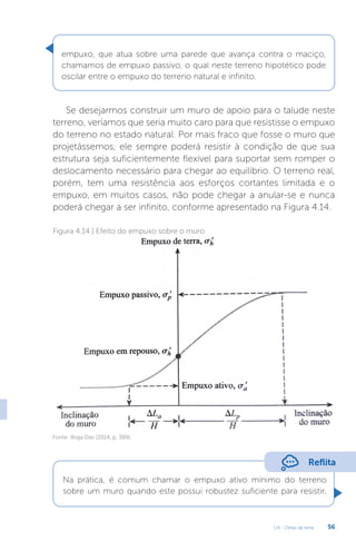 U4 - Obras de terra 56
empuxo, que atua sobre uma parede que avança contra o maciço,
chamamos de empuxo passivo, o qual neste terreno hipotético pode
oscilar entre o empuxo do terreno natural e infinito.
Se desejarmos construir um muro de apoio para o talude neste
terreno, veríamos que seria muito caro para que resistisse o empuxo
do terreno no estado natural. Por mais fraco que fosse o muro que
projetássemos, ele sempre poderá resistir à condição de que sua
estrutura seja suficientemente flexível para suportar sem romper o
deslocamento necessário para chegar ao equilíbrio. O terreno real,
porém, tem uma resistência aos esforços cortantes limitada e o
empuxo, em muitos casos, não pode chegar a anular-se e nunca
poderá chegar a ser infinito, conforme apresentado na Figura 4.14.
Figura 4.14 | Efeito do empuxo sobre o muro
Fonte: Braja Das (2014, p. 389).
Reflita
Na prática, é comum chamar o empuxo ativo mínimo do terreno
sobre um muro quando este possui robustez suficiente para resistir,
 