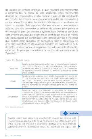 U4 - Obras de terra
71
do estado de tensões originais, o que resultará em movimentos
e deformações na massa de solo adjacente. Estes movimentos
deverão ser controlados, e irão nortear o cálculo da distribuição
das tensões horizontais nas estruturas enterradas. As escavações e
os escoramentos podem ter caráter definitivo ou consistirem em
obras provisórias. Tais aspectos são importantes, como veremos
adiante, pois irão comandar os critérios de cálculo, principalmente
em relação às pressões devidas a ação da água. Dentre as estruturas
comumente utilizadas para contenção de maciços estão os muros.
São construções de contenção, com parede vertical a inclinada,
que podem estar apoiados em fundações rasas e profundas. Os
processos construtivos são variados e podem ser elaborados a partir
de tijolos, pedras, concreto simples ou armado, além de elementos
especiais. As principais variedades de muros são apresentados na
Tabela 4.1.
Tabela 4.1 | Tipos de muros
Gravidade
Estruturas corridas que se opõem aos empuxos horizontais pelo
peso próprio. Geralmente, são utilizadas para conter desníveis
pequenos ou médios, inferiores a cerca de 5 m, construídos
de pedra ou concreto (simples ou armado), gabiões ou, ainda,
pneus usados.
Flexão
Estruturas mais esbeltas com seção transversal em forma de
“L” que resistem aos empuxos por flexão, utilizando parte do
peso próprio do maciço, que se apoia sobre a base do “L”, para
manter-se em equilíbrio. Em geral, são construídos em concreto
armado, tornando-se antieconômicos para alturas acima de
5-7 m.
Atirantados
Estruturas mistas em concreto e alvenaria de blocos de
concreto ou tijolos, com barras quase horizontais contidas em
planos verticais perpendiculares ao paramento do muro. Essas
barras funcionam como tirantes, amarrando o paramento a
outros elementos embutidos no maciço, como blocos, vigas
longitudinais ou estacas. São construções de baixo custo
utilizadas para alturas de até 3 m.
Fonte: elaborada pelo autor.
Grande parte dos acidentes envolvendo muros de arrimo está
relacionada ao acúmulo de água no maciço. A existência de uma
linha freática no maciço é altamente desfavorável, aumentando
substancialmente o empuxo total. O acúmulo de água, por
Assimile
 