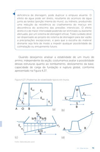 U4 - Obras de terra 72
deficiência de drenagem, pode duplicar o empuxo atuante. O
efeito da água pode ser direto, resultante do acúmulo de água
junto ao tardoz (porção interna do muro), ou indireto, produzindo
uma redução da resistência ao cisalhamento do maciço em
decorrência do acréscimo das pressões intersticiais. O efeito
direto é o de maior intensidade podendo ser eliminado ou bastante
atenuado, por um sistema de drenagem eficaz. Todo cuidado deve
ser dispensado ao projeto do sistema de drenagem para dar vazão
a precipitações excepcionais, e para que a escolha do material
drenante seja feita de modo a impedir qualquer possibilidade de
colmatação ou entupimento futuro.
Quando desejamos analisar a estabilidade de um muro de
arrimo, independente da seção, costumamos avaliar a possibilidade
dessas estruturas quanto ao tombamento, deslizamento da base,
capacidade de carga da fundação e ruptura global, conforme
apresentado na Figura 4.27.
Figura 4.27 | Problemas de estabilidade típicos em muros
W
A O B
X1
X2
EAV EA
EAH
Y1
W
EA
EP
S
B
V
A
(a) (b)
(d)
(c)
B
C
b/6
e
Rb/6
b/3
b
Ep
σ1
σ2
Fonte: elaborada pelo autor.
 