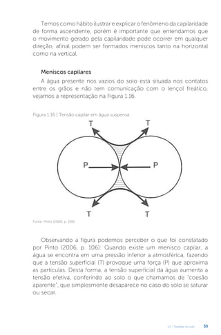 U1 - Tensões no solo 33
Temos como hábito ilustrar e explicar o fenômeno da capilaridade
de forma ascendente, porém é importante que entendamos que
o movimento gerado pela capilaridade pode ocorrer em qualquer
direção, afinal podem ser formados meniscos tanto na horizontal
como na vertical.
Meniscos capilares
A água presente nos vazios do solo está situada nos contatos
entre os grãos e não tem comunicação com o lençol freático,
vejamos a representação na Figura 1.16.
Observando a figura podemos perceber o que foi constatado
por Pinto (2006, p. 106): Quando existe um menisco capilar, a
água se encontra em uma pressão inferior a atmosférica, fazendo
que a tensão superficial (T) provoque uma força (P) que aproxima
as partículas. Desta forma, a tensão superficial da água aumenta a
tensão efetiva, conferindo ao solo o que chamamos de “coesão
aparente”, que simplesmente desaparece no caso do solo se saturar
ou secar.
Fonte: Pinto (2006, p. 106).
Figura 1.16 | Tensão capilar em água suspensa
 