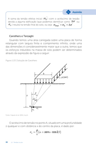 U1 - Tensões no solo
46
A soma da tensão efetiva inicial (σ0
'
) com o acréscimo de tensão
devida a alguma edificação (que podemos identificar como  '
ou
σv ) resulta na tensão final do solo, ou seja:   
final
' ' '
 
0  .
Assimile
Carothers e Terzaghi
Quando temos uma área carregada sobre uma placa de forma
retangular com largura finita e comprimento infinito, onde uma
das dimensões é consideravelmente maior que a outra, temos que
os esforços induzidos na massa de solo podem ser determinados
através da expressão da figura a seguir:
O acréscimo de tensão no ponto A, situado em uma profundidade
z qualquer e com distância x do centro da placa, é dado por:
σ
π
α α β
v
p
sen
= + ⋅
( )
cos2
Figura 1.23 | Solução de Carothers
Fonte: Caputo et al. (2015, [s.p.]).
 