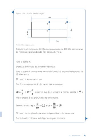 U1 - Tensões no solo 51
Calcule o acréscimo de tensão que uma carga de 100 kPa provocará a
10 metros de profundidade nos pontos X, Y e Z.
Para o ponto X.
1º passo: definição da área de influência.
Para o ponto X temos uma área de influência à esquerda do ponto de
18 x 9 metros.
2º passo: cálculo de m e n:
Conforme a proposição de Newmark temos que:
m
b
z
= e n
a
z
= ; observe que b é sempre a menor aresta e a a
maior aresta, z é a profundidade em estudo.
Temos, então: m
= =
9
10
0 9
, e n
= =
18
10
1 8
, .
3º passo: obtenção do parâmetro I pelo ábaco de Newmark.
Consultando o ábaco, vide figura a seguir, teremos:
Figura 1.28 | Planta da edificação
Fonte: elaborada pelo autor.
 