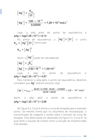 U4 - Volumetria de precipitação e complexação. Introdução à eletroquímica 165
Ag =
K
Cl
+ ps
-

 
 
 

Ag =
10
= 7,28 × 10 mol.L
+ -9 -1

 

 
1 82
0 02500
10
,
,
Logo, o pAg antes do ponto de equivalência é
pAg = -log(7,28 10 ) = 8,14
-9
× .
No ponto de equivalência, a Ag = Cl
+ -

 
 
 
 e como
K = Ag Cl
ps
+ -

 
 
 

, temos que
K = Ag
ps
+
2

 

Assim, a Ag+

 
 pode ser calculada por
Ag = K
+
ps

 

Ag = = 1,35×10
+ -5

 
  
1 82 10 10
,
Logo, o pAg no ponto de equivalência é
pAg = -log(1,35 10 ) = 4,87
-5
× .
Para conhecer o pAg após o ponto de equivalência, devemos
considerar que Ag+
está em excesso, logo
Ag

 


= c =
26,00 × 0,1000 - 50,00 0,05000
50,00 +
AgNO3
26,00
= 10 mol.L-1
1 32 3
,  
Assim, o pAg após o ponto de equivalência é
pAg = -log(1,32 10 ) = 2,88
-3
× .
Na Figura 4.1, Curva A temos a curva de titulação para o exemplo
acima. Da mesma forma que na volumetria de neutralização, a
concentração de reagente e analito afeta o formato da curva de
titulação. Esse efeito pode ser observado na Figura 4.1, Curva B, na
qual tanto a solução de cloreto como a solução do titulante estão
mais diluídas.
 