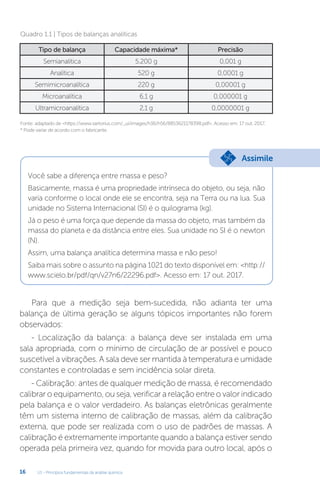 U1 - Princípios fundamentais da análise química
16
Tipo de balança Capacidade máxima* Precisão
Semianalítica 5.200 g 0,001 g
Analítica 520 g 0,0001 g
Semimicroanalítica 220 g 0,00001 g
Microanalítica 6,1 g 0,000001 g
Ultramicroanalítica 2,1 g 0,0000001 g
Fonte: adaptado de <https://www.sartorius.com/_ui/images/h36/h56/8853621178398.pdf>. Acesso em: 17 out. 2017.
* Pode variar de acordo com o fabricante.
Quadro 1.1 | Tipos de balanças analíticas
Você sabe a diferença entre massa e peso?
Basicamente, massa é uma propriedade intrínseca do objeto, ou seja, não
varia conforme o local onde ele se encontra, seja na Terra ou na lua. Sua
unidade no Sistema Internacional (SI) é o quilograma (kg).
Já o peso é uma força que depende da massa do objeto, mas também da
massa do planeta e da distância entre eles. Sua unidade no SI é o newton
(N).
Assim, uma balança analítica determina massa e não peso!
Saiba mais sobre o assunto na página 1021 do texto disponível em: <http://
www.scielo.br/pdf/qn/v27n6/22296.pdf>. Acesso em: 17 out. 2017.
Para que a medição seja bem-sucedida, não adianta ter uma
balança de última geração se alguns tópicos importantes não forem
observados:
- Localização da balança: a balança deve ser instalada em uma
sala apropriada, com o mínimo de circulação de ar possível e pouco
suscetível a vibrações. A sala deve ser mantida à temperatura e umidade
constantes e controladas e sem incidência solar direta.
- Calibração: antes de qualquer medição de massa, é recomendado
calibrar o equipamento, ou seja, verificar a relação entre o valor indicado
pela balança e o valor verdadeiro. As balanças eletrônicas geralmente
têm um sistema interno de calibração de massas, além da calibração
externa, que pode ser realizada com o uso de padrões de massas. A
calibração é extremamente importante quando a balança estiver sendo
operada pela primeira vez, quando for movida para outro local, após o
Assimile
 
