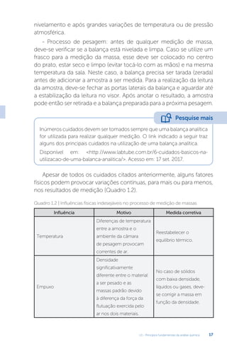 U1 - Princípios fundamentais da análise química 17
nivelamento e após grandes variações de temperatura ou de pressão
atmosférica.
- Processo de pesagem: antes de qualquer medição de massa,
deve-se verificar se a balança está nivelada e limpa. Caso se utilize um
frasco para a medição da massa, esse deve ser colocado no centro
do prato, estar seco e limpo (evitar tocá-lo com as mãos) e na mesma
temperatura da sala. Neste caso, a balança precisa ser tarada (zerada)
antes de adicionar a amostra a ser medida. Para a realização da leitura
da amostra, deve-se fechar as portas laterais da balança e aguardar até
a estabilização da leitura no visor. Após anotar o resultado, a amostra
pode então ser retirada e a balança preparada para a próxima pesagem.
Inúmeros cuidados devem ser tomados sempre que uma balança analítica
for utilizada para realizar qualquer medição. O link indicado a seguir traz
alguns dos principais cuidados na utilização de uma balança analítica.
Disponível em: <http://www.labtube.com.br/6-cuidados-basicos-na-
utilizacao-de-uma-balanca-analitica/>. Acesso em: 17 set. 2017.
Apesar de todos os cuidados citados anteriormente, alguns fatores
físicos podem provocar variações contínuas, para mais ou para menos,
nos resultados de medição (Quadro 1.2).
Influência Motivo Medida corretiva
Temperatura
Diferenças de temperatura
entre a amostra e o
ambiente da câmara
de pesagem provocam
correntes de ar.
Reestabelecer o
equilíbrio térmico.
Empuxo
Densidade
significativamente
diferente entre o material
a ser pesado e as
massas padrão devido
à diferença da força da
flutuação exercida pelo
ar nos dois materiais.
No caso de sólidos
com baixa densidade,
líquidos ou gases, deve-
se corrigir a massa em
função da densidade.
Quadro 1.2 | Influências físicas indesejáveis no processo de medição de massas
Pesquise mais
 