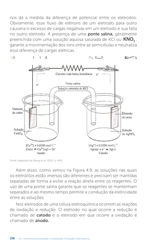 U4 - Volumetria de precipitação e complexação. Introdução à eletroquímica
198
nos dá a medida da diferença de potencial entre os eletrodos.
Obviamente, esse fluxo de elétrons de um eletrodo para outro
causaria o excesso de cargas negativas em um eletrodo e sua falta
no outro eletrodo. A presença de uma ponte salina, geralmente
preenchida com uma solução aquosa saturada de KCl ou KNO3 ,
garante a movimentação dos íons entre as semicélulas e neutraliza
essa diferença de cargas elétricas.
Fonte: adaptado de Skoog et al. (2015, p. 445).
Além disso, como vemos na Figura 4.9, as soluções nas quais
os eletrólitos estão imersos são diferentes e precisam ser mantidas
separadas de forma a evitar a reação direta entre os reagentes. O
uso de uma ponte salina garante que os reagentes se mantenham
separados e ao mesmo tempo permite a condução da eletricidade
entre as soluções.
Nos eletrodos de uma célula eletroquímica ocorrem as reações
de oxidação e redução. O eletrodo no qual ocorre a redução é
chamado de catodo e o eletrodo em que ocorre a oxidação é
chamado de anodo.
 