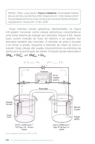 U4 - Volumetria de precipitação e complexação. Introdução à eletroquímica
200
RAFAEL, Pablo. Luigi Galvani. Física e cidadania, Universidade Federal
de Juiz de Fora, Juiz de Fora, 2014. Disponível em: http://www.ufjf.br/
fisicaecidadania/ciencia-uma-construcao-humana/mentes-brilantes/
luigi-galvani/. Acesso em: 17 abr. 2018.
Essas mesmas células galvânicas representadas na Figura
4.9 podem funcionar como células eletrolíticas conectando-se
uma fonte externa de energia aos eletrodos (Figura 4.10). Nesse
caso, ocorre inversão do fluxo de elétrons e as reações nos
eletrodos também são invertidas. O eletrodo de prata é forçado
a se tornar o anodo, enquanto o eletrodo de cobre se torna o
catodo. Essas células são usadas industrialmente na eletrólise da
salmoura e na purificação de metais. A reação líquida observada é
2Ag + Cu 2Ag + Cu
(s) (aq)
2+
(aq)
+
(s)
 .
Fonte: adaptado de Skoog et al. (2015, p. 445).
 