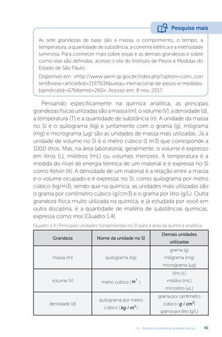 U1 - Princípios fundamentais da análise química 41
As sete grandezas de base são a massa, o comprimento, o tempo, a
temperatura, aquantidadedesubstância,a correnteelétricaeaintensidade
luminosa. Para conhecer mais sobre essas e as demais grandezas e sobre
como elas são definidas, acesse o site do Instituto de Pesos e Medidas do
Estado de São Paulo.
Disponível em: <http://www.ipem.sp.gov.br/index.php?option=com_con
tent&view=article&id=1197%3Abureau-inernacional-de-pesos-e-medidas-
bipm&catid=67&Itemid=260>. Acesso em: 8 nov. 2017.
Pensando especificamente na química analítica, as principais
grandezasfísicasutilizadassãoamassa(m),ovolume(V),adensidade(d),
a temperatura (T) e a quantidade de substância (n). A unidade da massa
no SI é o quilograma (kg) e juntamente com o grama (g), miligrama
(mg) e micrograma (µg) são as unidades de massa mais utilizadas. Já a
unidade de volume no SI é o metro cúbico (1 m3) que corresponde a
1000 litros. Mas, na área laboratorial, geralmente, o volume é expresso
em litros (L), mililitros (mL) ou volumes menores. A temperatura é a
medida do nível de energia térmica de um material e é expressa no SI
como Kelvin (K). A densidade de um material é a relação entre a massa
e o volume ocupado e é expressa, no SI, como quilograma por metro
cúbico (kg/m3), sendo que na química, as unidades mais utilizadas são
o grama por centímetro cúbico (g/cm3) e o grama por litro (g/L). Outra
grandeza física muito utilizada na química, e já estudada por você em
outra disciplina, é a quantidade de matéria de substâncias químicas,
expressa como mol (Quadro 1.4).
Grandeza Nome da unidade no SI
Demais unidades
utilizadas
massa (m) quilograma (kg)
grama (g)
miligrama (mg)
micrograma (µg)
volume (V) metro cúbico (m3
)
litro (L)
mililitro (mL)
microlitro (µL)
densidade (d)
quilograma por metro
cúbico (kg m
/ 3
)
grama por centímetro
cúbico (g cm
/ 3
)
grama por litro (g/L)
Quadro 1.4 | Principais unidades fundamentais no SI para a área da química analítica
Pesquise mais
 