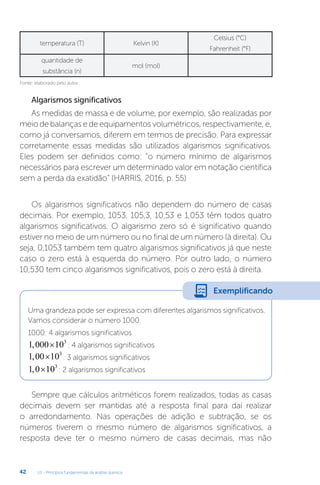 U1 - Princípios fundamentais da análise química
42
temperatura (T) Kelvin (K)
Celsius (°C)
Fahrenheit (°F)
quantidade de
substância (n)
mol (mol)
Fonte: elaborado pelo autor.
Algarismos significativos
As medidas de massa e de volume, por exemplo, são realizadas por
meio de balanças e de equipamentos volumétricos, respectivamente, e,
como já conversamos, diferem em termos de precisão. Para expressar
corretamente essas medidas são utilizados algarismos significativos.
Eles podem ser definidos como: “o número mínimo de algarismos
necessários para escrever um determinado valor em notação científica
sem a perda da exatidão” (HARRIS, 2016, p. 55)
Os algarismos significativos não dependem do número de casas
decimais. Por exemplo, 1053, 105,3, 10,53 e 1,053 têm todos quatro
algarismos significativos. O algarismo zero só é significativo quando
estiver no meio de um número ou no final de um número (à direita). Ou
seja, 0,1053 também tem quatro algarismos significativos já que neste
caso o zero está à esquerda do número. Por outro lado, o número
10,530 tem cinco algarismos significativos, pois o zero está à direita.
Uma grandeza pode ser expressa com diferentes algarismos significativos.
Vamos considerar o número 1000.
1000: 4 algarismos significativos
1 000 103
, × : 4 algarismos significativos
1 00 103
, × : 3 algarismos significativos
1 0 103
, × : 2 algarismos significativos
Sempre que cálculos aritméticos forem realizados, todas as casas
decimais devem ser mantidas até a resposta final para daí realizar
o arredondamento. Nas operações de adição e subtração, se os
números tiverem o mesmo número de algarismos significativos, a
resposta deve ter o mesmo número de casas decimais, mas não
Exemplificando
 