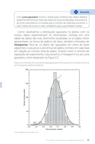 U2 - Tratamento dos dados e garantia da qualidade. Equilíbrio químico 61
Uma curva gaussiana mostra a distribuição simétrica dos dados obtidos
experimentalmente ao redor da média do conjunto de dados. Na ausência
de erros sistemáticos e à medida que o número de replicatas aumenta, o
valor médio da curva é o valor verdadeiro para a quantidade medida.
Como observamos a distribuição gaussiana na prática com os
nossos dados experimentais? As informações contidas em uma
tabela de dados são mais facilmente visualizadas se os dados forem
apresentados na forma de gráficos de barra, também chamados de
histogramas. Para tal, os dados são agrupados em séries de faixas
adjacentes e calcula-se o porcentual de dados contidos em cada faixa
em relação ao número total de dados. Quanto maior o número de
repetições do experimento, mais próximo o histograma fica da curva
gaussiana, como observado na Figura 2.2.
Fonte: adaptada de Harris (2016, p. 76).
Figura 2.2 | Exemplo de uma distribuição gaussiana (linha suave em forma de sino) e de
um histograma (gráfico de barras)
Assimile
 