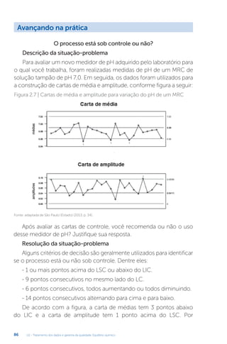 U2 - Tratamento dos dados e garantia da qualidade. Equilíbrio químico
86
O processo está sob controle ou não?
Descrição da situação-problema
Para avaliar um novo medidor de pH adquirido pelo laboratório para
o qual você trabalha, foram realizadas medidas de pH de um MRC de
solução tampão de pH 7,0. Em seguida, os dados foram utilizados para
a construção de cartas de média e amplitude, conforme figura a seguir:
Figura 2.7 | Cartas de média e amplitude para variação do pH de um MRC
Fonte: adaptada de São Paulo (Estado) (2013, p. 34).
Após avaliar as cartas de controle, você recomenda ou não o uso
desse medidor de pH? Justifique sua resposta.
Resolução da situação-problema
Alguns critérios de decisão são geralmente utilizados para identificar
se o processo está ou não sob controle. Dentre eles:
- 1 ou mais pontos acima do LSC ou abaixo do LIC.
- 9 pontos consecutivos no mesmo lado do LC.
- 6 pontos consecutivos, todos aumentando ou todos diminuindo.
- 14 pontos consecutivos alternando para cima e para baixo.
De acordo com a figura, a carta de médias tem 3 pontos abaixo
do LIC e a carta de amplitude tem 1 ponto acima do LSC. Por
Avançando na prática
 