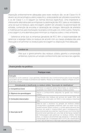 U3
136 Resíduos sólidos
Lembre-se
Para que o gerenciamento dos resíduos sólidos garanta a conservação
ambiental, é preciso um amplo conhecimento das normas e leis vigentes.
Avançando na prática
Pratique mais
Instrução
Desafiamos você a praticar o que aprendeu transferindo seus conhecimentos para novas situações
que podem ser encontradas no ambiente de trabalho. Realize as atividades e depois compare-as com
as de seus colegas.
Conceituando e classificando os resíduos sólidos. “Associação de trabalhadores”
1. Competência Geral
Conhecer os aspectos gerais relacionados ao saneamento, à
qualidade e ao tratamento de água e resíduos sólidos.
2. Objetivos de aprendizagem
Aplicar o conhecimento adquirido na gestão dos resíduos
sólidos.
3. Conteúdos relacionados
Classificação dos resíduos de serviços de saúde (RSS), dos
resíduos da construção civil (RCC) e dos resíduos industriais
(RSI).
4. Descrição da SP
Sabe-se que o aumento na geração de resíduos sólidos
compromete a qualidade ambiental, além de trazer riscos à
saúde humana. Nesse contexto, o correto gerenciamento dos
serviços de saúde é imprescindível para a biossegurança e
para a prevenção de acidentes. Suponha que você tenha sido
recentemente admitido por uma rede de farmácias (também
de manipulação) para gerenciar os resíduos sólidos. Diante
disso, os resíduos provenientes das drogarias e farmácias de
manipulação são considerados RSS? Como são classificados?
Qualéotipodetratamentoedisposiçãoadequadoparaessesresíduos?
disposição ambientalmente adequadas para esses resíduos são: os de Classe A e B
devem ser encaminhados a aterro específico, onde poderão ser utilizados novamente;
e os de Classe C e D seguem as normas técnicas específicas. Uma importante e
interessante alternativa para as empresas é a destinação dos RCC para as recicladoras,
uma vez que os resíduos, após reciclagem, podem ser utilizados na pavimentação de
estradas, contenção de encostas e canalização de córregos, fabricação de artefatos
e matérias-primas para reutilização na própria construção civil, entre outros. Portanto,
a reciclagem é uma alternativa para minimizar os impactos sobre o meio ambiente.
Salienta-se ainda que as empresas geradoras de RCC têm a responsabilidade de
gerenciar e segregar todos os resíduos de acordo com as classes estabelecidas pela
resolução e encaminhar os resíduos para reciclagem ou disposição final adequada.
 