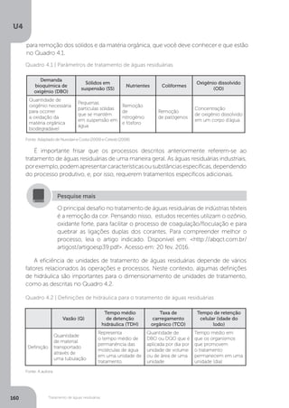 U4
160 Tratamento de águas residuárias
Fonte:AdaptadodeNuvolarieCosta(2009)eCetesb(2008).
Fonte: A autora.
Quadro 4.1 | Parâmetros de tratamento de águas residuárias
Quadro 4.2 | Definições de hidráulica para o tratamento de águas residuárias
Demanda
bioquímica de
oxigênio (DBO)
Sólidos em
suspensão (SS)
Nutrientes Coliformes
Oxigênio dissolvido
(OD)
Quantidade de
oxigênio necessária
para ocorrer
a oxidação da
matéria orgânica
biodegradável
Pequenas
partículas sólidas
que se mantêm
em suspensão em
água
Remoção
de
nitrogênio
e fósforo
Remoção
de patógenos
Concentração
de oxigênio dissolvido
em um corpo d’água
Vazão (Q)
Tempo médio
de detenção
hidráulica (TDH)
Taxa de
carregamento
orgânico (TCO)
Tempo de retenção
celular (idade do
lodo)
Definição
Quantidade
de material
transportado
através de
uma tubulação
Representa
o tempo médio de
permanência das
moléculas de água
em uma unidade de
tratamento
Quantidade de
DBO ou DQO que é
aplicada por dia por
unidade de volume
ou de área de uma
unidade
Tempo médio em
que os organismos
que promovem
o tratamento
permanecem em uma
unidade (dia)
É importante frisar que os processos descritos anteriormente referem-se ao
tratamento de águas residuárias de uma maneira geral. As águas residuárias industriais,
porexemplo,podemapresentarcaracterísticasousubstânciasespecíficas,dependendo
do processo produtivo, e, por isso, requerem tratamentos específicos adicionais.
A eficiência de unidades de tratamento de águas residuárias depende de vários
fatores relacionados às operações e processos. Neste contexto, algumas definições
de hidráulica são importantes para o dimensionamento de unidades de tratamento,
como as descritas no Quadro 4.2.
O principal desafio no tratamento de águas residuárias de indústrias têxteis
é a remoção da cor. Pensando nisso, estudos recentes utilizam o ozônio,
oxidante forte, para facilitar o processo de coagulação/floculação e para
quebrar as ligações duplas dos corantes. Para compreender melhor o
processo, leia o artigo indicado. Disponível em: <http://abqct.com.br/
artigost/artigoesp39.pdf>. Acesso em: 20 fev. 2016.
Pesquise mais
para remoção dos sólidos e da matéria orgânica, que você deve conhecer e que estão
no Quadro 4.1.
 