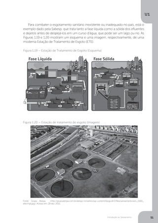 Introdução ao Saneamento
U1
51
Para combater o esgotamento sanitário inexistente ou inadequado no país, está o
exemplo dado pela Sabesp, que trata tanto a fase líquida como a sólida dos efluentes
e dejetos antes de despejá-los em um curso d’água, que pode ser um lago ou rio. As
Figuras 1.19 e 1.20 mostram um esquema e uma imagem, respectivamente, de uma
moderna Estação de Tratamento de Esgoto (ETE).
Figura 1.19 – Estação de Tratamento de Esgoto (Esquema)
Fonte: Grupo Aterpa. <http://grupoaterpa.com.br/aterpa-mmartins/wp-content/blogs.dir/2/files/saneamento/anc_0165_
etecmyk.jpg>. Acesso em: 28 dez. 2015.
Figura 1.20 – Estação de tratamento de esgoto (Imagem)
DEDMD
DEDMD
 