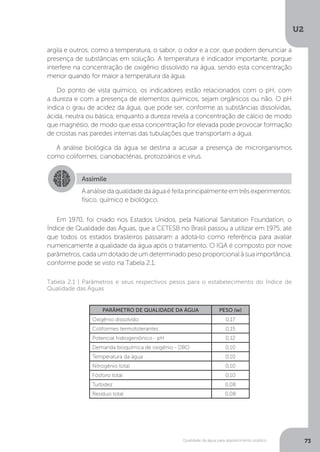 U2
73Qualidade da água para abastecimento público
argila e outros, como a temperatura, o sabor, o odor e a cor, que podem denunciar a
presença de substâncias em solução. A temperatura é indicador importante, porque
interfere na concentração de oxigênio dissolvido na água, sendo esta concentração
menor quando for maior a temperatura da água.
Do ponto de vista químico, os indicadores estão relacionados com o pH, com
a dureza e com a presença de elementos químicos, sejam orgânicos ou não. O pH
indica o grau de acidez da água, que pode ser, conforme as substâncias dissolvidas,
ácida, neutra ou básica, enquanto a dureza revela a concentração de cálcio de modo
que magnésio, de modo que essa concentração for elevada pode provocar formação
de crostas nas paredes internas das tubulações que transportam a água.
A análise biológica da água se destina a acusar a presença de microrganismos
como coliformes, cianobactérias, protozoários e vírus.
Em 1970, foi criado nos Estados Unidos, pela National Sanitation Foundation, o
Índice de Qualidade das Águas, que a CETESB no Brasil passou a utilizar em 1975, até
que todos os estados brasileiros passaram a adotá-lo como referência para avaliar
numericamente a qualidade da água após o tratamento. O IQA é composto por nove
parâmetros, cada um dotado de um determinado peso proporcional à sua importância,
conforme pode se visto na Tabela 2.1.
Assimile
Aanálisedaqualidadedaáguaéfeitaprincipalmenteemtrêsexperimentos:
físico, químico e biológico.
Tabela 2.1 | Parâmetros e seus respectivos pesos para o estabelecimento do Índice de
Qualidade das Águas
PARÂMETRO DE QUALIDADE DA ÁGUA PESO (w)
Oxigênio dissolvido 0,17
Coliformes termotolerantes 0,15
Potencial hidrogeniônico - pH 0,12
Demanda bioquímica de oxigênio - DBO 0,10
Temperatura da água 0,10
Nitrogênio total 0,10
Fósforo total 0,10
Turbidez 0,08
Resíduo total 0,08
 