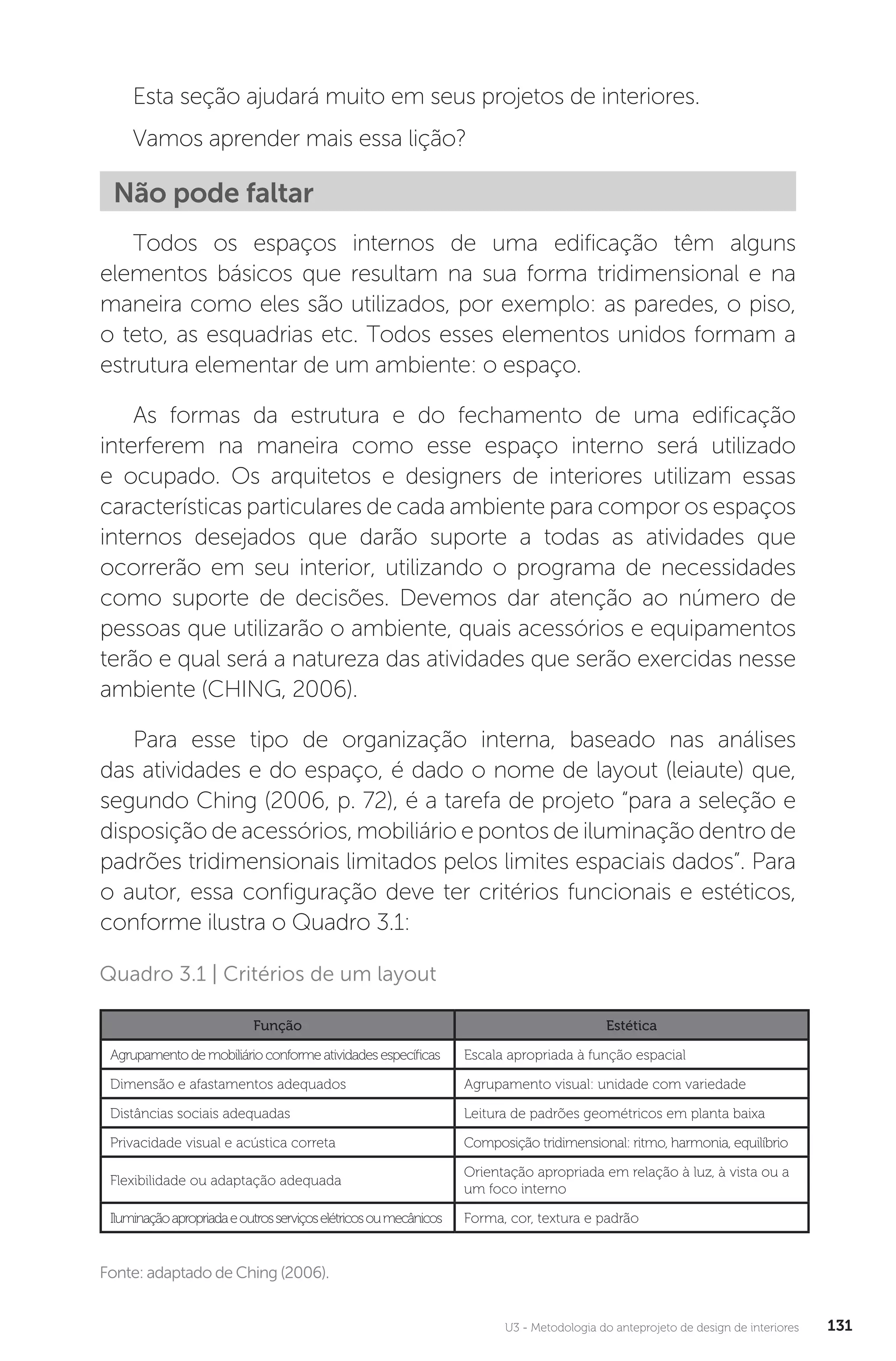 U3 - Metodologia do anteprojeto de design de interiores 131
Esta seção ajudará muito em seus projetos de interiores.
Vamos aprender mais essa lição?
Não pode faltar
Todos os espaços internos de uma edificação têm alguns
elementos básicos que resultam na sua forma tridimensional e na
maneira como eles são utilizados, por exemplo: as paredes, o piso,
o teto, as esquadrias etc. Todos esses elementos unidos formam a
estrutura elementar de um ambiente: o espaço.
As formas da estrutura e do fechamento de uma edificação
interferem na maneira como esse espaço interno será utilizado
e ocupado. Os arquitetos e designers de interiores utilizam essas
características particulares de cada ambiente para compor os espaços
internos desejados que darão suporte a todas as atividades que
ocorrerão em seu interior, utilizando o programa de necessidades
como suporte de decisões. Devemos dar atenção ao número de
pessoas que utilizarão o ambiente, quais acessórios e equipamentos
terão e qual será a natureza das atividades que serão exercidas nesse
ambiente (CHING, 2006).
Para esse tipo de organização interna, baseado nas análises
das atividades e do espaço, é dado o nome de layout (leiaute) que,
segundo Ching (2006, p. 72), é a tarefa de projeto “para a seleção e
disposição de acessórios, mobiliário e pontos de iluminação dentro de
padrões tridimensionais limitados pelos limites espaciais dados”. Para
o autor, essa configuração deve ter critérios funcionais e estéticos,
conforme ilustra o Quadro 3.1:
Fonte: adaptado de Ching (2006).
Quadro 3.1 | Critérios de um layout
Função Estética
Agrupamento de mobiliário conforme atividades específicas Escala apropriada à função espacial
Dimensão e afastamentos adequados Agrupamento visual: unidade com variedade
Distâncias sociais adequadas Leitura de padrões geométricos em planta baixa
Privacidade visual e acústica correta Composição tridimensional: ritmo, harmonia, equilíbrio
Flexibilidade ou adaptação adequada
Orientação apropriada em relação à luz, à vista ou a
um foco interno
Iluminaçãoapropriadaeoutrosserviçoselétricosoumecânicos Forma, cor, textura e padrão
 