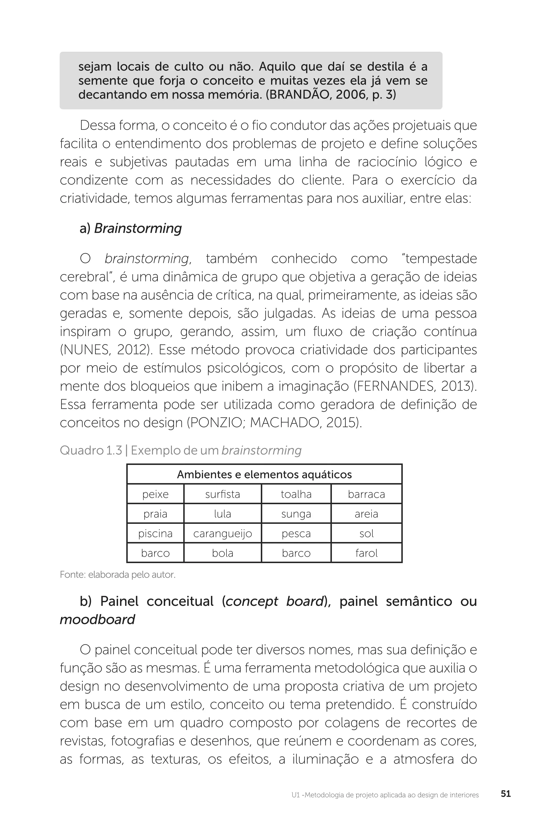 U1 -Metodologia de projeto aplicada ao design de interiores 51
sejam locais de culto ou não. Aquilo que daí se destila é a
semente que forja o conceito e muitas vezes ela já vem se
decantando em nossa memória. (BRANDÃO, 2006, p. 3)
Dessa forma, o conceito é o fio condutor das ações projetuais que
facilita o entendimento dos problemas de projeto e define soluções
reais e subjetivas pautadas em uma linha de raciocínio lógico e
condizente com as necessidades do cliente. Para o exercício da
criatividade, temos algumas ferramentas para nos auxiliar, entre elas:
a) Brainstorming
O brainstorming, também conhecido como “tempestade
cerebral”, é uma dinâmica de grupo que objetiva a geração de ideias
com base na ausência de crítica, na qual, primeiramente, as ideias são
geradas e, somente depois, são julgadas. As ideias de uma pessoa
inspiram o grupo, gerando, assim, um fluxo de criação contínua
(NUNES, 2012). Esse método provoca criatividade dos participantes
por meio de estímulos psicológicos, com o propósito de libertar a
mente dos bloqueios que inibem a imaginação (FERNANDES, 2013).
Essa ferramenta pode ser utilizada como geradora de definição de
conceitos no design (PONZIO; MACHADO, 2015).
Fonte: elaborada pelo autor.
Quadro 1.3 | Exemplo de um brainstorming
Ambientes e elementos aquáticos
peixe surfista toalha barraca
praia lula sunga areia
piscina carangueijo pesca sol
barco bola barco farol
b) Painel conceitual (concept board), painel semântico ou
moodboard
O painel conceitual pode ter diversos nomes, mas sua definição e
função são as mesmas. É uma ferramenta metodológica que auxilia o
design no desenvolvimento de uma proposta criativa de um projeto
em busca de um estilo, conceito ou tema pretendido. É construído
com base em um quadro composto por colagens de recortes de
revistas, fotografias e desenhos, que reúnem e coordenam as cores,
as formas, as texturas, os efeitos, a iluminação e a atmosfera do
 