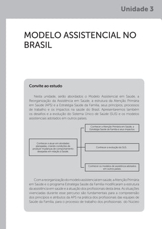 Unidade 3
MODELO ASSISTENCIAL NO
BRASIL
Nesta unidade, serão abordados o Modelo Assistencial em Saúde, a
Reorganização da Assistência em Saúde, a estrutura da Atenção Primária
em Saúde (APS) e a Estratégia Saúde da Família, seus princípios, processos
de trabalho e os impactos na saúde do Brasil. Apresentaremos também
os desafios e a evolução do Sistema Único de Saúde (SUS) e os modelos
assistenciais adotados em outros países.
Comareorganizaçãodomodeloassistencialemsaúde,aAtençãoPrimária
em Saúde e o programa Estratégia Saúde da Família modificaram a estrutura
da assistência em saúde e a atuação dos profissionais desta área. As situações
vivenciadas durante esse percurso são fundamentais para a compreensão
dos princípios e atributos da APS na prática dos profissionais das equipes de
Saúde da Família, para o processo de trabalho dos profissionais do Núcleo
Convite ao estudo
Conhecer e atuar em atividades
planejadas, criando condições de
produzir mudanças de comportamento
desejadas em relação à Saúde.
Conhecer a Atenção Primária em Saúde, a
Estratégia Saúde da Família e seus impactos.
Conhecer os modelos de assistência adotados
em outros países.
Conhecer a evolução do SUS.
 