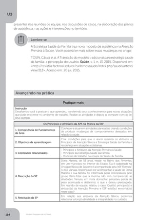 U3
114 Modelo Assistencial no Brasil
Lembre-se
A Estratégia Saúde da Família traz novo modelo de assistência na Atenção
Primária à Saúde. Você poderá ler mais sobre essas mudanças no artigo:
TOSIN,Cássiaetal.ATransiçãodomodelotradicionalparaestratégiasaúde
da família: a percepção do usuário. Saúde, v. 1, n. 13, 2015. Disponível em:
<http://revistas.facbrasil.edu.br/cadernossaude/index.php/saude/article/
view/213>. Acesso em: 20 jul. 2015.
Avançando na prática
Pratique mais
Instrução
Desafiamos você a praticar o que aprendeu, transferindo seus conhecimentos para novas situações
que pode encontrar no ambiente de trabalho. Realize as atividades e depois as compare com as de
seus colegas.
Os Princípios e Atributos da APS na Prática da ESF
1. Competência de Fundamentos
de Área
Conhecer e atuar em atividades planejadas, criando condições
de produzir mudanças de comportamento desejadas em
relação à saúde.
2. Objetivos de aprendizagem
Criar condições para que o aluno aprenda os atributos e
Princípios da Atenção Básica e Estratégia Saúde da Família e
reconheça em situações cotidianas.
3. Conteúdos relacionados
- Princípios e Atributos da Atenção Primária à Saúde;
- Princípios da Estratégia Saúde da Família;
- Processo de trabalho na equipe de Saúde da Família.
4. Descrição da SP
Dona Marieta, de 58 anos, reside no Bairro dos Pimentas,
em um município no interior do Estado. Ela é cadastrada na
Unidade Básica de Saúde e é acompanhada pela “eSF Floresta”.
A ACS Vanusa, responsável por acompanhar a saúde de Dona
Marieta e sua família, foi informada pelas responsáveis pelo
grupo Bem-Estar que a mesma não tem comparecido às
atividades. Vanusa, em visita domiciliar, percebeu perda de
peso acentuada e desânimo, o que a deixou preocupada.
Em reunião de equipe, relatou o caso. Qual(is) princípio(s) e
atributo(s) da Atenção Primária e ESF está(ão) envolvido(s)
neste caso?
5. Resolução da SP
Em relação aos atributos da Atenção Básica, podemos
relacionar a longitudinalidade e integralidade no cuidado.
presentes nas reuniões de equipe, nas discussões de casos, na elaboração dos planos
de assistência, nas ações e intervenções no território.
 