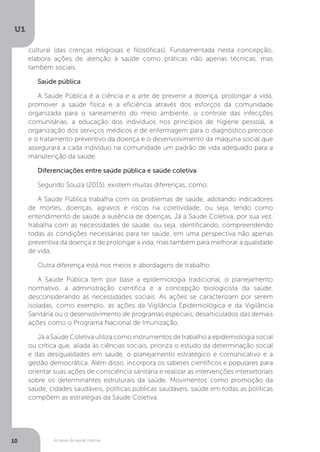 As bases da saúde coletiva
U1
10
cultural (das crenças religiosas e filosóficas). Fundamentada nesta concepção,
elabora ações de atenção à saúde como práticas não apenas técnicas, mas
também sociais.
Saúde pública
A Saúde Pública é a ciência e a arte de prevenir a doença, prolongar a vida,
promover a saúde física e a eficiência através dos esforços da comunidade
organizada para o saneamento do meio ambiente, o controle das infecções
comunitárias, a educação dos indivíduos nos princípios de higiene pessoal, a
organização dos serviços médicos e de enfermagem para o diagnóstico precoce
e o tratamento preventivo da doença e o desenvolvimento da máquina social que
assegurará a cada indivíduo na comunidade um padrão de vida adequado para a
manutenção da saúde.
Diferenciações entre saúde pública e saúde coletiva
Segundo Souza (2015), existem muitas diferenças, como:
A Saúde Pública trabalha com os problemas de saúde, adotando indicadores
de mortes, doenças, agravos e riscos na coletividade, ou seja, tendo como
entendimento de saúde a ausência de doenças. Já a Saúde Coletiva, por sua vez,
trabalha com as necessidades de saúde, ou seja, identificando, compreendendo
todas as condições necessárias para ter saúde, em uma perspectiva não apenas
preventiva da doença e de prolongar a vida, mas também para melhorar a qualidade
de vida.
Outra diferença está nos meios e abordagens de trabalho:
A Saúde Pública tem por base a epidemiologia tradicional, o planejamento
normativo, a administração científica e a concepção biologicista da saúde,
desconsiderando as necessidades sociais. As ações se caracterizam por serem
isoladas, como exemplo, as ações da Vigilância Epidemiológica e da Vigilância
Sanitária ou o desenvolvimento de programas especiais, desarticulados das demais
ações como o Programa Nacional de Imunização.
Já a Saúde Coletiva utiliza como instrumentos de trabalho a epidemiologia social
ou crítica que, aliada às ciências sociais, prioriza o estudo da determinação social
e das desigualdades em saúde, o planejamento estratégico e comunicativo e a
gestão democrática. Além disso, incorpora os saberes científicos e populares para
orientar suas ações de consciência sanitária e realizar as intervenções intersetoriais
sobre os determinantes estruturais da saúde. Movimentos como promoção da
saúde, cidades saudáveis, políticas públicas saudáveis, saúde em todas as políticas
compõem as estratégias da Saúde Coletiva.
 