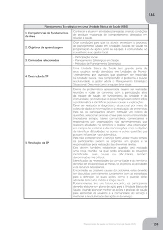 U4
159Planejamento de saúde no Sistema Único de Saúde (SUS)
Planejamento Estratégico em uma Unidade Básica de Saúde (UBS)
1. Competências de Fundamentos
de Área
Conhecer e atuar em atividades planejadas, criando condições
de produzir mudanças de comportamento desejadas em
relação à saúde.
2. Objetivos de aprendizagem
Criar condições para que os alunos entendam o processo
de planejamento usado em Unidades Básicas de Saúde na
programação de ações junto às equipes, à comunidade, ao
conselheiro e ao gestor local.
3. Conteúdos relacionados
- Participação social.
- Planejamento Estratégico em Saúde.
- Métodos de Planejamento Estratégico.
4. Descrição da SP
Uma Unidade Básica de Saúde tem grande parte de
seus usuários sendo atendidos em Unidades de Pronto-
-Atendimento por questões que poderiam ser resolvidas
na Unidade Básica. Para compreender o problema e buscar
resolutividade, o gestor adota o Planejamento Estratégico
Situacional. Descreva como a equipe deve atuar.
5. Resolução da SP
Diante da problemática apresentada, devem ser realizadas
reuniões e rodas de conversa, com a participação ativa
da equipe de saúde, de funcionários da unidade e da
comunidade, de modo que os presentes possam refletir sobre
a problemática e identificar possíveis causas e explicações.
Deve ser realizado o diagnóstico situacional por meio da
coleta de dados e informações e da realização de entrevistas.
Para tal, os participantes devem formular um roteiro de
questões, selecionar pessoas-chave para serem entrevistadas
(moradores antigos, líderes comunitários, comerciantes e
responsáveis por organizações não governamentais que
realizam atividades no território) e realizar uma observação
em campo do território e das microrregiões, com o objetivo
de identificar dificuldades no acesso e outras questões que
possam influenciar na problemática.
Para não comprometer o serviço nem utilizar muito tempo,
os participantes podem se organizar em grupos e se
responsabilizar pela realização das diferentes tarefas.
Eles devem também estabelecer quando será realizada
uma nova reunião, na qual serão analisadas as situações
identificadas, suas causas ou dificuldades, também
denominadas nós críticos.
Identificadas as necessidades da comunidade e do território,
deverão ser estabelecidas as metas, os objetivos, as atividades
e os recursos necessários.
Encontradas as possíveis causas do problema, estas deverão
ser discutidas coletivamente juntamente com as estratégias,
para a definição de quais ações, como e quando serão
adotadas (em curto, médio e longo prazo).
Posteriormente, em um futuro encontro, os participantes
deverão elaborar um plano de ação para a Unidade Básica de
Saúde, visando planejar melhor as ações e práticas de saúde
para aproximar os usuários e a comunidade do serviço e
melhorar a resolutividade das ações e do serviço.
 