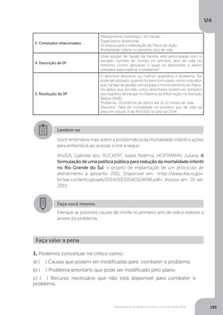 U4
193Planejamento de saúde no Sistema Único de Saúde (SUS)
3. Conteúdos relacionados
Planejamento estratégico em Saúde.
Diagnóstico situacional.
10 passos para a elaboração do Plano de Ação.
Mortalidade infantil no primeiro ano de vida.
4. Descrição da SP
Uma equipe de Saúde da Família está preocupada com o
elevado número de mortes no primeiro ano de vida no
território. Como descrever e quais os descritores a serem
utilizados para explicar o problema?
5. Resolução da SP
O descritor descreve, ou melhor, quantifica o problema. Ele
pode ser utilizado, quando for bem formulado, como indicador
que, na fase de gestão, servirá para o monitoramento do Plano.
Os dados que servirão como descritores podem ser retirados
dos registros da equipe no Sistema de Informação na Atenção
Básica (SIAB).
Problema: Ocorrência de óbitos até os 12 meses de vida.
Descritor: Taxa de mortalidade no primeiro ano de vida na
área em estudo é de 40/1.000 no ano de 2014.
Lembre-se
Você entenderá mais sobre a problemática da mortalidade infantil e ações
para enfrentá-la ao acessar o link a seguir:
ANJOS, Gabriele dos; RÜCKERT, Isabel Noêmia; HOFFMANN, Juliana. A
formulação de uma política pública para redução da mortalidade infantil
no Rio Grande do Sul: o projeto de implantação de um protocolo de
atendimento à gestante. 2011. Disponível em: <http://www.fee.rs.gov.
br/wp-content/uploads/2014/03/20140324096.pdf>. Acesso em: 10 set.
2015.
Faça você mesmo
Elenque as possíveis causas de morte no primeiro ano de vida e elabore a
árvore do problema.
Faça valer a pena
1. Podemos conceituar nó crítico como:
a) ( ) Causas que podem ser modificadas para combater o problema.
b) ( ) Problema prioritário que pode ser modificado pelo plano.
c) ( ) Recurso necessário que não está disponível para combater o
problema.
 