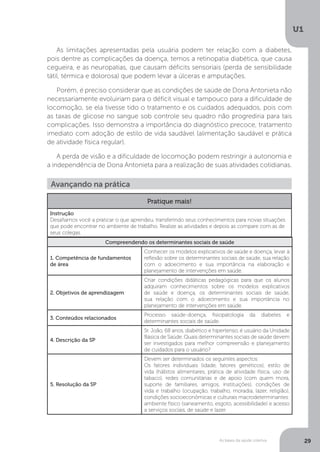As bases da saúde coletiva
U1
29
As limitações apresentadas pela usuária podem ter relação com a diabetes,
pois dentre as complicações da doença, temos a retinopatia diabética, que causa
cegueira, e as neuropatias, que causam déficits sensoriais (perda de sensibilidade
tátil, térmica e dolorosa) que podem levar a úlceras e amputações.
Porém, é preciso considerar que as condições de saúde de Dona Antonieta não
necessariamente evoluiriam para o déficit visual e tampouco para a dificuldade de
locomoção, se ela tivesse tido o tratamento e os cuidados adequados, pois com
as taxas de glicose no sangue sob controle seu quadro não progrediria para tais
complicações. Isso demonstra a importância do diagnóstico precoce, tratamento
imediato com adoção de estilo de vida saudável (alimentação saudável e prática
de atividade física regular).
A perda de visão e a dificuldade de locomoção podem restringir a autonomia e
a independência de Dona Antonieta para a realização de suas atividades cotidianas.
Avançando na prática
Compreendendo os determinantes sociais de saúde
1. Competência de fundamentos
de área
Conhecer os modelos explicativos de saúde e doença, levar à
reflexão sobre os determinantes sociais de saúde, sua relação
com o adoecimento e sua importância na elaboração e
planejamento de intervenções em saúde.
2. Objetivos de aprendizagem
Criar condições didáticas pedagógicas para que os alunos
adquiram conhecimentos sobre os modelos explicativos
de saúde e doença, os determinantes sociais de saúde,
sua relação com o adoecimento e sua importância no
planejamento de intervenções em saúde.
3. Conteúdos relacionados
Processo saúde-doença, fisiopatologia da diabetes e
determinantes sociais de saúde.
4. Descrição da SP
Sr. João, 68 anos, diabético e hipertenso, é usuário da Unidade
Básica de Saúde. Quais determinantes sociais de saúde devem
ser investigados para melhor compreensão e planejamento
de cuidados para o usuário?
5. Resolução da SP
Devem ser determinados os seguintes aspectos:
Os fatores individuais (idade, fatores genéticos), estilo de
vida (hábitos alimentares, prática de atividade física, uso de
tabaco), redes comunitárias e de apoio (com quem mora,
suporte de familiares, amigos, instituições), condições de
vida e trabalho (ocupação, trabalho, moradia, lazer, religião),
condições socioeconômicas e culturais macrodeterminantes:
ambiente físico (saneamento, esgoto, acessibilidade) e acesso
a serviços sociais, de saúde e lazer.
Pratique mais!
Instrução
Desafiamos você a praticar o que aprendeu, transferindo seus conhecimentos para novas situações
que pode encontrar no ambiente de trabalho. Realize as atividades e depois as compare com as de
seus colegas.
 