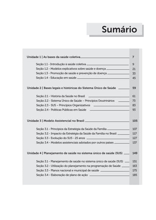 Sumário
Unidade 1 | As bases da saúde coletiva
Seção 1.1 - Introdução à saúde coletiva
Seção 1.2 - Modelos explicativos sobre saúde e doença
Seção 1.3 - Promoção de saúde e prevenção de doença
Seção 1.4 - Educação em saúde
7
9
21
33
45
Unidade 2 | Bases legais e históricas do Sistema Único de Saúde
Seção 2.1 - História da Saúde no Brasil
Seção 2.2 - Sistema Único de Saúde – Princípios Doutrinários
Seção 2.3 - SUS – Princípios Organizativos
Seção 2.4 - Políticas Públicas em Saúde
59
61
73
83
93
Unidade 3 | Modelo Assistencial no Brasil
Seção 3.1 - Princípios da Estratégia da Saúde da Família
Seção 3.2 - Impacto da Estratégia da Saúde da Família no Brasil
Seção 3.3 - Evolução do SUS - 25 anos
Seção 3.4 - Modelos assistenciais adotados por outros países
105
107
117
127
137
Unidade 4 | Planejamento de saúde no sistema único de saúde (SUS)
Seção 3.1 - Planejamento de saúde no sistema único de saúde (SUS)
Seção 3.2 - Utilização do planejamento na programação de Saúde
Seção 3.3 - Planos nacional e municipal de saúde
Seção 3.4 - Elaboração de plano de ação
149
151
163
175
185
 