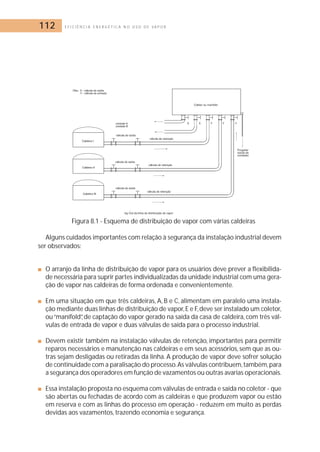 112 E F I C I Ê N C I A E N E R G É T I C A N O U S O D E V A P O R 
Figura 8.1 - Esquema de distribuição de vapor com várias caldeiras 
Alguns cuidados importantes com relação à segurança da instalação industrial devem 
ser observados: 
■ O arranjo da linha de distribuição de vapor para os usuários deve prever a flexibilida-de 
necessária para suprir partes individualizadas da unidade industrial com uma gera-ção 
de vapor nas caldeiras de forma ordenada e convenientemente. 
■ Em uma situação em que três caldeiras, A, B e C, alimentam em paralelo uma instala-ção 
mediante duas linhas de distribuição de vapor, E e F, deve ser instalado um coletor, 
ou “manifold”, de captação do vapor gerado na saída da casa de caldeira, com três vál-vulas 
de entrada de vapor e duas válvulas de saída para o processo industrial. 
■ Devem existir também na instalação válvulas de retenção, importantes para permitir 
reparos necessários e manutenção nas caldeiras e em seus acessórios, sem que as ou-tras 
sejam desligadas ou retiradas da linha. A produção de vapor deve sofrer solução 
de continuidade com a paralisação do processo.As válvulas contribuem,também,para 
a segurança dos operadores em função de vazamentos ou outras avarias operacionais. 
■ Essa instalação proposta no esquema com válvulas de entrada e saída no coletor - que 
são abertas ou fechadas de acordo com as caldeiras e que produzem vapor ou estão 
em reserva e com as linhas do processo em operação - reduzem em muito as perdas 
devidas aos vazamentos, trazendo economia e segurança. 
 