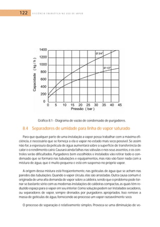 122 E F I C I Ê N C I A E N E R G É T I C A N O U S O D E V A P O R 
Gráfico 8.1 - Diagrama de vazão de condensado de purgadores. 
8.4 Separadores de umidade para linha de vapor saturado 
Para que qualquer parte de uma instalação a vapor possa trabalhar com a máxima efi-ciência, 
é necessário que se forneça a ela o vapor no estado mais seco possível. Se assim 
não for, a espessura da película de água aumentará sobre a superfície de transferência de 
calor e o rendimento cairá.Causará ainda falhas nas válvulas e nos seus assentos,e os con-troles 
serão dificultados. Purgadores bem escolhidos e instalados vão retirar todo o con-densado 
que se formará nas tubulações e equipamentos, mas não vão fazer nada com a 
mistura de água, que é muito pequena e está em suspenso no próprio vapor. 
A origem dessa mistura está freqüentemente, nas gotículas de água que se acham nas 
paredes das tubulações.Quando o vapor circula, elas são arrastadas. Outra causa comum é 
originada de uma alta demanda de vapor sobre a caldeira, sendo que o problema pode tor-nar- 
se bastante sério com as modernas instalações de caldeiras compactas, as quais têm re-duzido 
espaço para o vapor em seu interior.Como solução podem ser instalados secadores, 
ou separadores de vapor, sempre drenados por purgadores apropriados. Isso remove a 
massa de gotículas de água, fornecendo ao processo um vapor razoavelmente seco. 
O processo de separação é relativamente simples. Provoca-se uma diminuição de ve- 
 