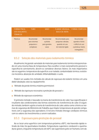 E F I C I Ê N C I A E N E R G É T I C A N O U S O D E VA P O R 125 
FORMA FÍSICA TUBO VASO FLANGE,VÁLVULA, FORMA COMPLEXA 
DOS ISOLANTES BOCA DE VISITA 
TÉRMICOS 
Plásticos Recomendar Recomendar Recomendado para Recomendar 
para sistemas a pistola pequenas válvulas, quando o fecho 
pequenos e para grandes quando em uso é difícil em uso 
complexos vasos de material rígido a pistola p/ dutos 
retangulares 
8.5.2 Seleção dos materiais para isolamento térmico 
Atualmente,há grande variedade de materiais para isolamento térmico interpenetran-do 
em uma mesma faixa de temperatura. Para escolher o mais racionalmente possível e 
especificá-lo corretamente, devem-se considerar diversos fatores. Os mais importantes 
são os seguintes: temperatura da superfície a ser isolada, condutividade térmica, resistên-cia 
mecânica, absorção de umidade, Inflamabilidade e custo. 
Podem ser usados três métodos de cálculo de espessura do isolante térmico em uma 
dada tubulação, vaso ou equipamento: 
■ Método da perda térmica máxima permissível; 
■ Método da espessura necessária à proteção do pessoal; e 
■ Método da espessura econômica. 
O primeiro método é baseado na teoria da transferência de calor. Sua especificação é 
resultante das condicionantes das formas existentes de transferência de calor. O segun-do 
método, também sujeito à teoria de transferência de calor, adota como critério as nor-mas 
de segurança do Ministério do Trabalho,que impõe temperaturas de parede compa-tíveis 
com a segurança dos operadores. O terceiro método interage condições térmicas 
com os valores de investimentos a serem realizados. 
8.5.3 Espessura para proteção de pessoal 
Ao se tocar uma superfície com temperatura próxima a 80ºC, não havendo rápida re-tirada 
da mão, há queimadura imediata. Temperaturas superiores conduzem a queima-duras 
graves, enquanto temperaturas até 60ºC são suportáveis pelo ser humano, sem da- 
 
