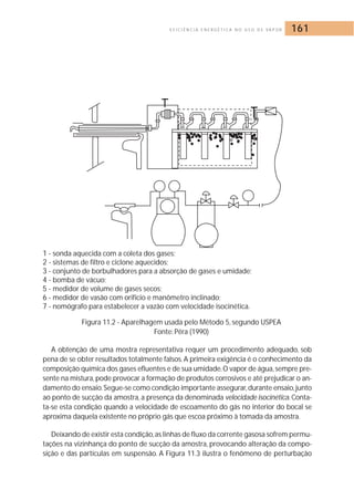 E F I C I Ê N C I A E N E R G É T I C A N O U S O D E VA P O R 161 
1 - sonda aquecida com a coleta dos gases; 
2 - sistemas de filtro e ciclone aquecidos; 
3 - conjunto de borbulhadores para a absorção de gases e umidade; 
4 - bomba de vácuo; 
5 - medidor de volume de gases secos; 
6 - medidor de vasão com orifício e manômetro inclinado; 
7 - nomógrafo para estabelecer a vazão com velocidade isocinética. 
Figura 11.2 - Aparelhagem usada pelo Método 5, segundo USPEA 
Fonte: Pêra (1990) 
A obtenção de uma mostra representativa requer um procedimento adequado, sob 
pena de se obter resultados totalmente falsos. A primeira exigência é o conhecimento da 
composição química dos gases efluentes e de sua umidade. O vapor de água, sempre pre-sente 
na mistura, pode provocar a formação de produtos corrosivos e até prejudicar o an-damento 
do ensaio. Segue-se como condição importante assegurar, durante ensaio, junto 
ao ponto de sucção da amostra, a presença da denominada velocidade isocinética. Conta-ta- 
se esta condição quando a velocidade de escoamento do gás no interior do bocal se 
aproxima daquela existente no próprio gás que escoa próximo à tomada da amostra. 
Deixando de existir esta condição, as linhas de fluxo da corrente gasosa sofrem permu-tações 
na vizinhança do ponto de sucção da amostra, provocando alteração da compo-sição 
e das partículas em suspensão. A Figura 11.3 ilustra o fenômeno de perturbação 
 