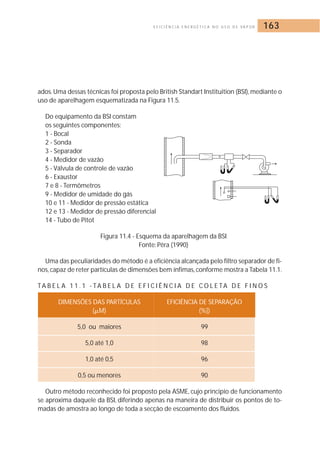 E F I C I Ê N C I A E N E R G É T I C A N O U S O D E VA P O R 163 
ados.Uma dessas técnicas foi proposta pelo British Standart Instituition (BSI), mediante o 
uso de aparelhagem esquematizada na Figura 11.5. 
Do equipamento da BSI constam 
os seguintes componentes: 
1 - Bocal 
2 - Sonda 
3 - Separador 
4 - Medidor de vazão 
5 - Válvula de controle de vazão 
6 - Exaustor 
7 e 8 - Termômetros 
9 - Medidor de umidade do gás 
10 e 11 - Medidor de pressão estática 
12 e 13 - Medidor de pressão diferencial 
14 - Tubo de Pitot 
Figura 11.4 - Esquema da aparelhagem da BSI 
Fonte: Pêra (1990) 
Uma das peculiaridades do método é a eficiência alcançada pelo filtro separador de fi-nos, 
capaz de reter partículas de dimensões bem ínfimas, conforme mostra a Tabela 11.1. 
TA B E L A 1 1 . 1 - TA B E L A D E E F I C I Ê N C I A D E COL E TA D E F I N O S 
DIMENSÕES DAS PARTÍCULAS EFICIÊNCIA DE SEPARAÇÃO 
(	M) (%]) 
5,0 ou maiores 99 
5,0 até 1,0 98 
1,0 até 0,5 96 
0,5 ou menores 90 
Outro método reconhecido foi proposto pela ASME, cujo principio de funcionamento 
se aproxima daquele da BSI, diferindo apenas na maneira de distribuir os pontos de to-madas 
de amostra ao longo de toda a secção de escoamento dos fluidos. 
 